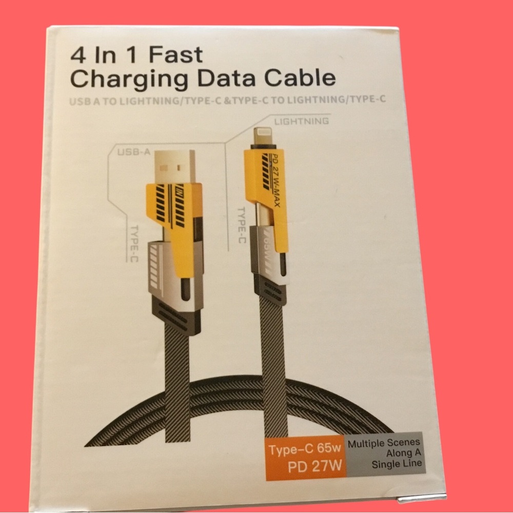 4-in-1 Fast Charging Data Cable — Yellow & Black, NEW!